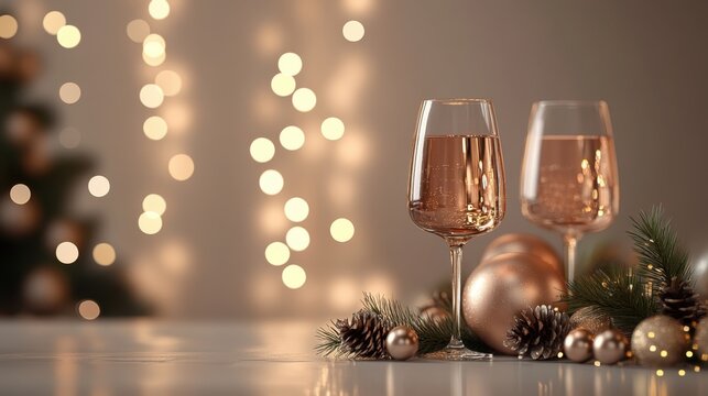 Two glasses of champagne with christmas decorations and lights in the background for festive celebration