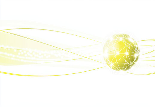 Abstract yellow globe with glowing lines and dots on white background, representing connectivity and technology. design evokes sense of innovation and modernity