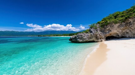 Fototapeta premium Serene Tropical Beach with Clear Water and Rocky Shoreline