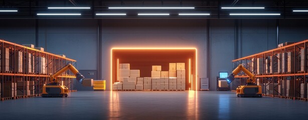 A spacious warehouse featuring robotic arms, illuminated shelving, and glowing entrance, showcasing an efficient storage and logistics environment.