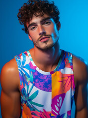 Man in colorful t-shirt with vibrant tropical print, on a colorful background. Photography for advertising Carnival and summer in Brazil: fashion, culture and lifestyle in an explosion of colors