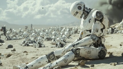 Obraz premium Dejected robot amidst fallen robotic army, desert.