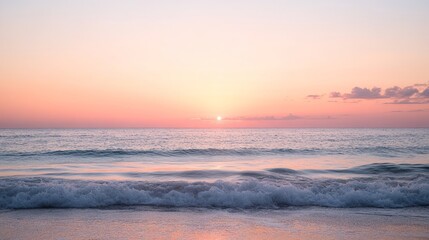 Naklejka premium Caribbean sunset with orange and pink hues, calm waves, and a clean horizon, evoking serenity and natural beauty. 