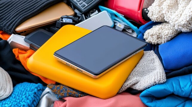 Modern Technology and Everyday Items in Colorful Cluttered Setting