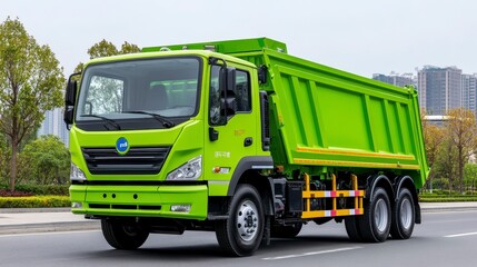 Bright Green Dump Truck Driving Through Modern Urban Environment