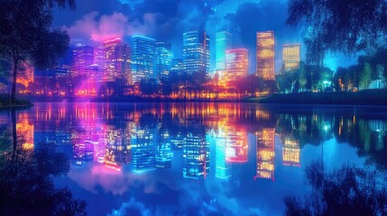 Night cityscape reflected in calm water.