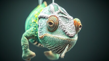 Fototapeta premium Curious Chameleon Hanging Vivid Colors Reptile Portrait Animal Closeup Wildlife Photog