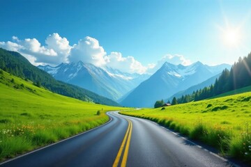 Fototapeta premium Asphalt ribbon winding through a vibrant green valley, nestled amidst majestic snow-capped mountains under a bright summer sky.