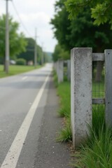 Serene Countryside Roadside View Concrete Fence Post and Grass Beside a Paved Road with White Line