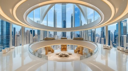 Obraz premium Modern luxurious interior design features a stunning city skyline view