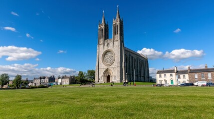 Majestic Church with Towering Spires Against Blue Sky and Grass