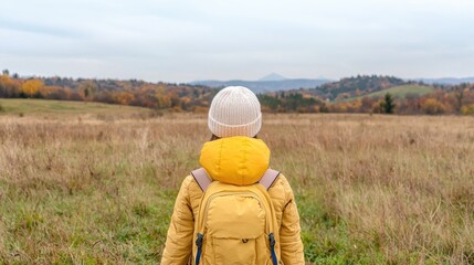 Woman Hiking in Autumn Landscape, Looking at Distant Mountains