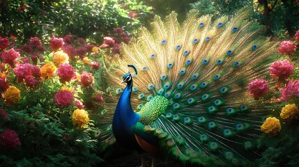 Obraz premium Peacock in Rose Garden, Splendid Display