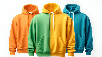 Three Hoodies in Orange Yellow and Teal on White Background