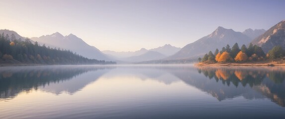 Fototapeta premium Serene mountain lake with autumn trees and reflection in calm water