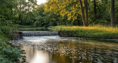 Naklejka premium Tranquil forest stream waterfall at sunset