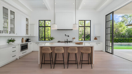 Bright White Modern Kitchen with Island and Pool View