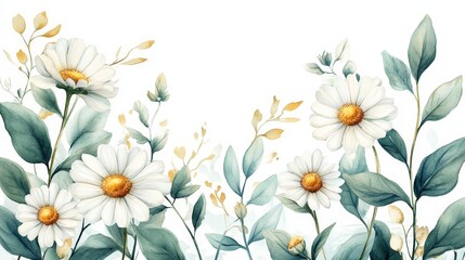 A beautiful floral arrangement featuring daisies and green leaves on a light background.
