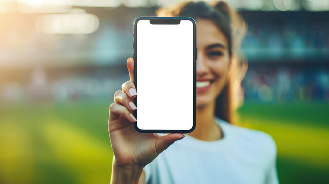 A happy female sports fan holds a cell phone with a white screen in her hand against the background of a sports stadium. Phone mockup. Advertising of a mobile application for athletes - Powered by Adobe