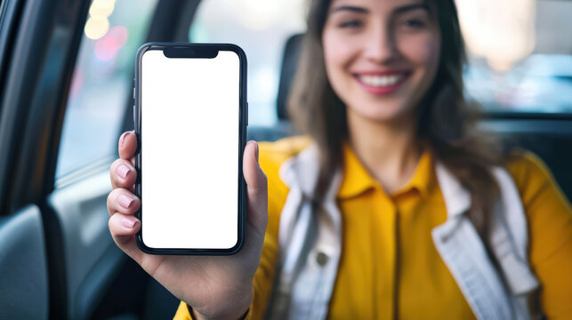 A woman with a phone in her hand is sitting in a car. A phone mockup to advertise a mobile app for car enthusiasts