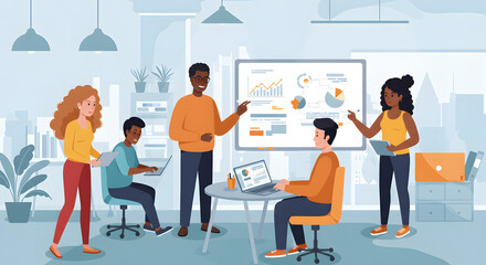 Diverse Team Presenting Business Data on Whiteboard in Modern Office