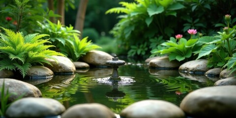 Tranquil garden pond with decorative fountain, surrounded by lush greenery and smooth stones creating a serene and peaceful atmosphere
