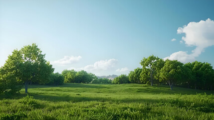 Sunny Summer Landscape with Lush Green Field and Trees
