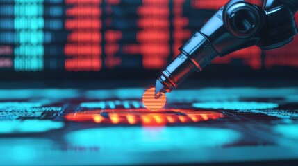 Molding hologram graph concept. Robotic Arm Sculpting Glowing Holographic Pie in Futuristic Digital Art