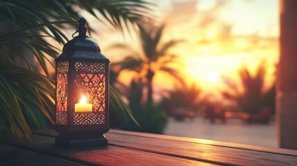 Stylish Lantern Illuminates Table Against Beautiful Sunset Background