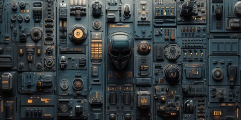 Intricate alien spaceship control panel display with an alien mask