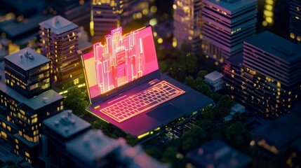 Obraz premium Futuristic Cityscape on Laptop Screen Digital Urban Tech Background