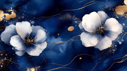 A beautiful floral design featuring blue and white flowers on a dark background with gold accents.