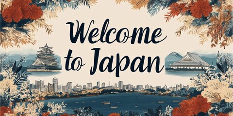 Illustrated welcome to japan banner featuring cultural landmarks