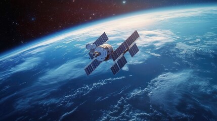 Fototapeta premium Satellite orbiting Earth, solar panels deployed.