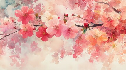 A beautiful watercolor illustration of blooming cherry blossoms in soft pastel colors.