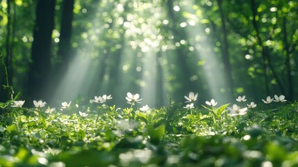 Fototapeta premium Sunbeams in forest, wildflowers, green foliage, peaceful nature scene, ideal for wellness