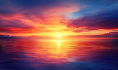 Vibrant ocean sunset reflecting on calm water with colorful clouds