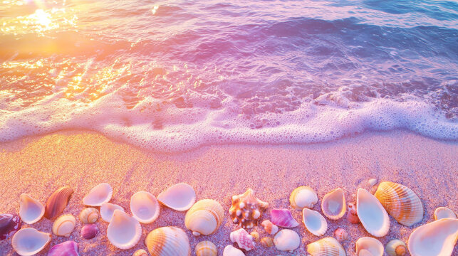 Serene beach scene with colorful seashells on shore at sunset. gentle waves create tranquil atmosphere