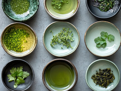 A healthy green meal with fresh salad tea and herbs