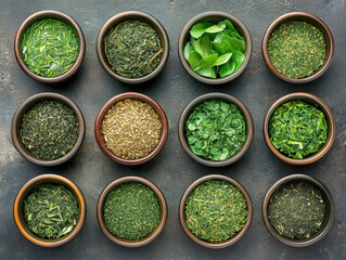 Obraz premium Green tea leaves surrounded by an array of herbs and spices in a white bowl, featuring dry red peppers, paprika, and other flavorful ingredients for healthy cooking