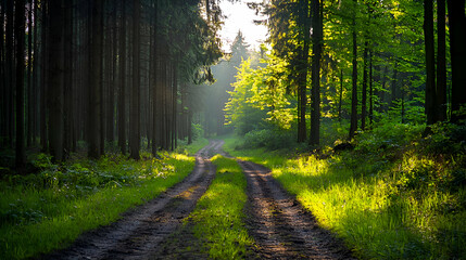 Fototapeta premium Sunlit Path Through Lush Green Forest