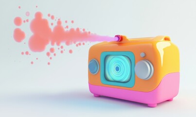 Colorful retro-style toy projector emitting vibrant pink bubbles in a minimalist setting