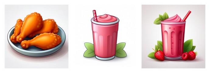 Three food and drink icons are displayed: fried chicken on a plate, a pink smoothie, and a strawberry smoothie with berries.