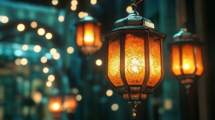 Decorative Lanterns Illuminating a Dimly Lit Nighttime Scene