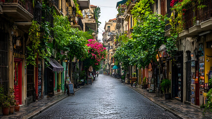 Fototapeta premium Rainy Day in a Colorful Mediterranean Street