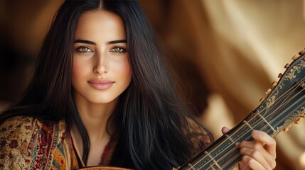 Naklejka premium Melody of Serenity: A captivating close-up portrait of a woman playing a classic guitar, capturing the serene atmosphere and the depth of the musician's artistry.