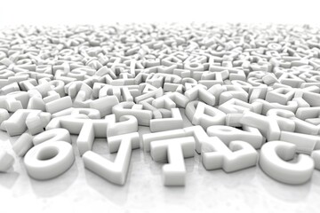 White letters scattered on surface; data, information, knowledge concept; background is white; for education, technology, or communication