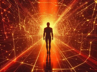 Obraz premium A futuristic silhouette of a human figure walking through a glowing digital network tunnel, symbolizing artificial intelligence, technology, and virtual reality. 