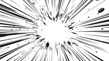 Fototapeta premium Dynamic comic book explosion effect with bold black lines and motion streaks, isolated on a white background