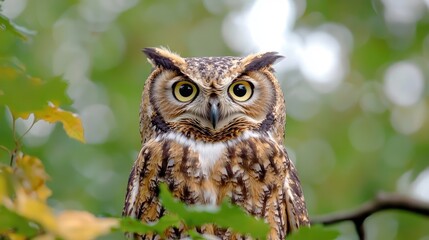 Owl perched on branch, forest background, wildlife photography